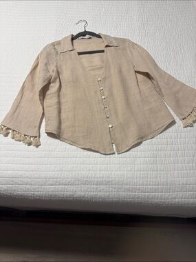 Zara Beige Button-Front Blouse with Tassel Cuffs